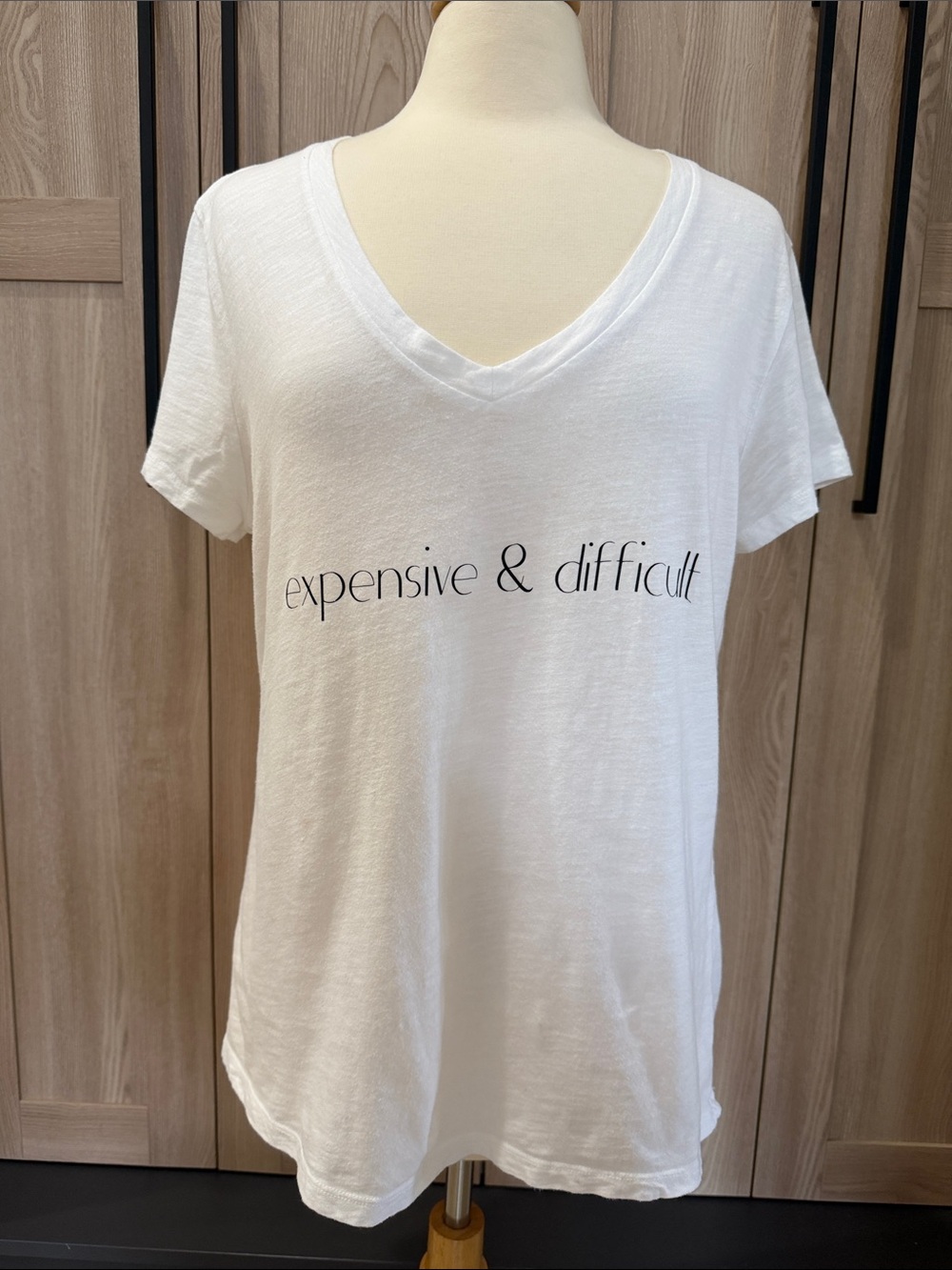 White V-Neck Tee with "expensive & difficult"